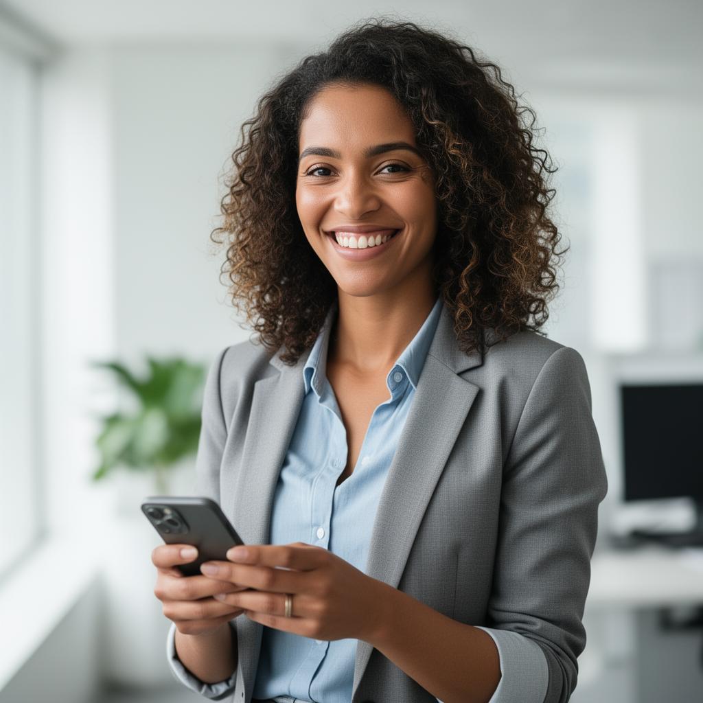 Colaboradora satisfeita usando o sistema